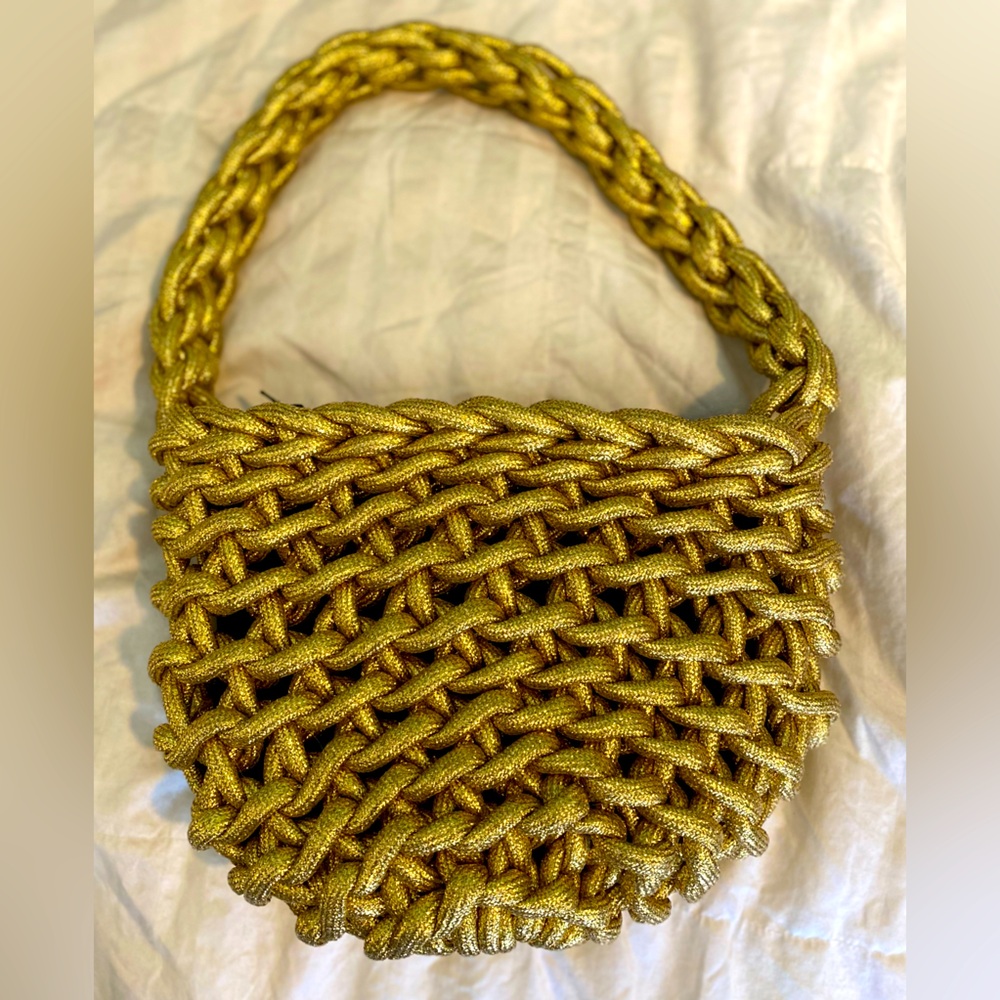Alienina Gold Crescent Shoulder Bag with Open-Weave Design